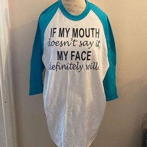 White and Teal Baseball Shirt - Humorous